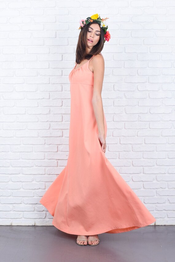 Maxi Dress - Vintage 70s Peach Orange - A Line -S… - image 1