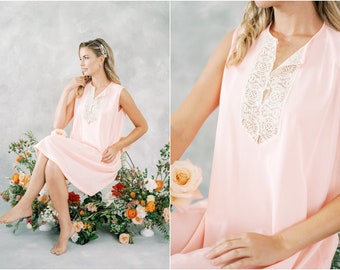 Vintage 70s Pink Lace Nightgown Bridal Boudoir Lingerie Slip Dress Large