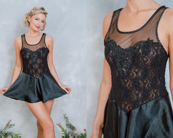 Vintage black sheer lace beaded nightgown lingerie boudoir slip dress nighty S M