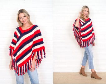 Vintage 70s Crochet Knit Cape Fringe Americana Poncho Top S M L