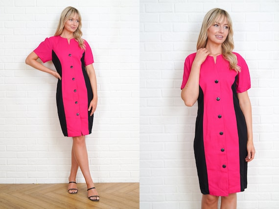 Vintage 80s black pink color block Secretary dress - image 1