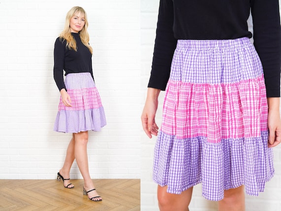 90s Full Mini Skirt Vintage Pink and Purple Plaid Gingham High Waist One Size