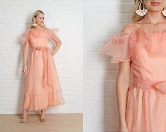 Vintage 70s Boho Maxi Dress Sleeveless Orange Small S