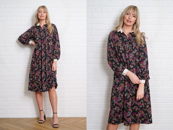 70s Floral A Line Mod Dress Vintage Black Mod Lin… - image 1