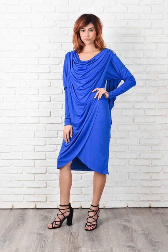 Vintage 80s Blue Cowl Draped Dress Slouchy Wrap C… - image 2