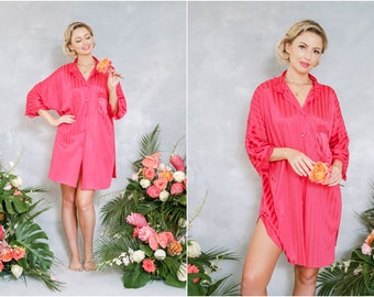 Vintage 80s 90s Hot Pink striped oversized slip dress nightgown boudoir lingerie mini dress lace M