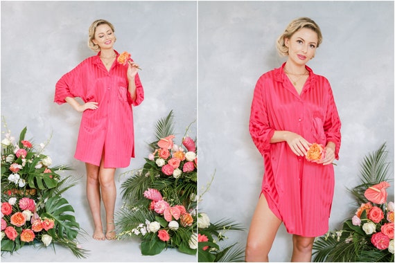 Vintage 80s 90s Hot Pink striped oversized slip d… - image 1