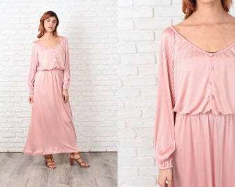 Vintage 70s Pink Boho Dress Maxi Slouchy Draped Fortuny Pleat Sleeves Medium M 11337