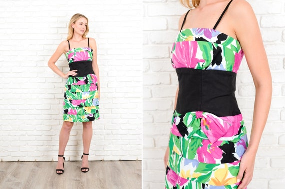 Vintage 80s Green + Pink Retro Dress Bow Tiered XS