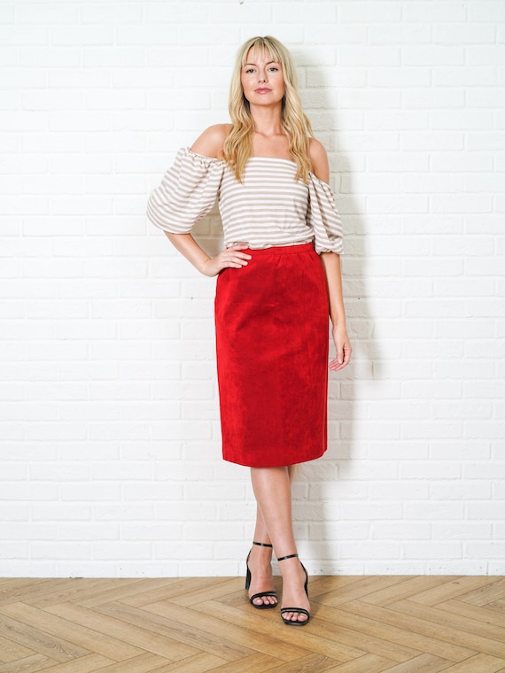 Vintage 80s Red High Waist Skirt Ultrasuede Faux … - image 2