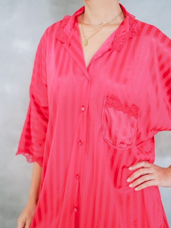 Vintage 80s 90s Hot Pink striped oversized slip d… - image 8