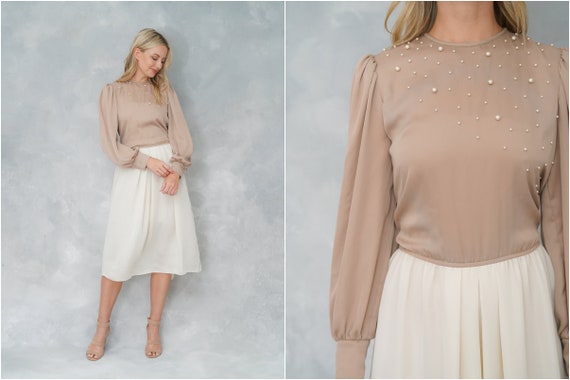 Vintage 80s Beige Beaded Retro Dress Slouchy Drape
