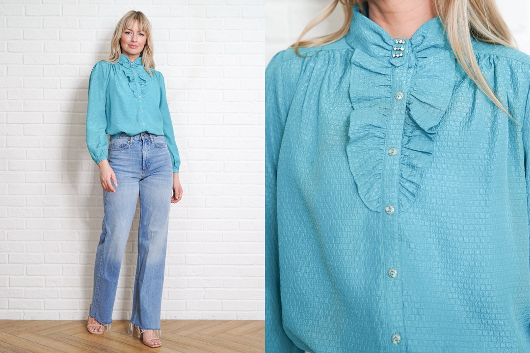 80s Blouse Vintage Tuxedo Top Ruffle Slouchy Draped Long Sleeve S M - Etsy