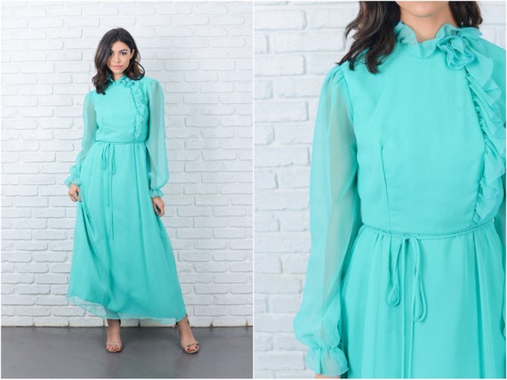 Vintage 70s Green Maxi Dress Boho Hippie Ruffle Sh