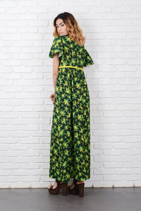 Dark Green Boho Dress Vintage 70s Hippie Angel Sl… - image 5