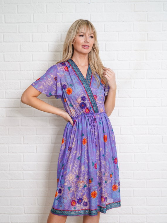 70s Boho Hippie Dress Vintage Floral Flutter Slee… - image 8
