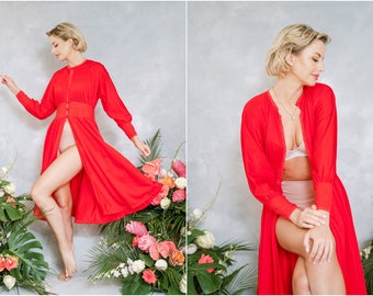 Vintage 60s 70s Red Lace Peignoir Nightgown Slip Dress Bridal Boudoir Lingerie Robe