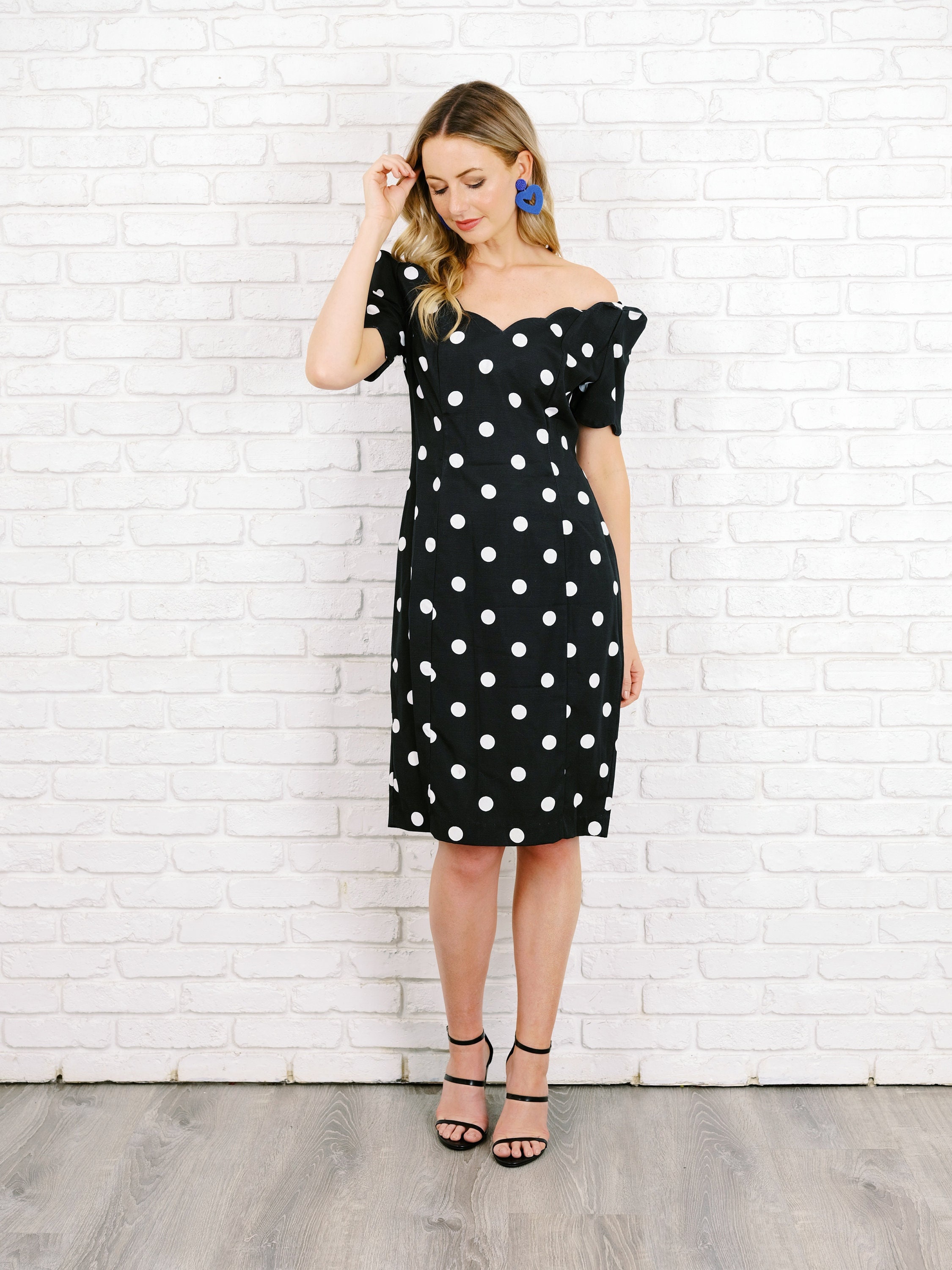 Black and White Polka Dot Dress Vintage 80s scalloped off Shoulder small Etsy