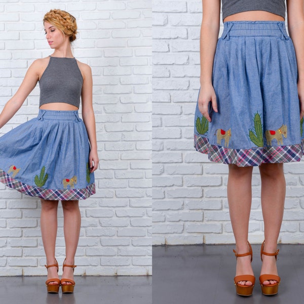 Vintage 70s Blue Chambray Skirt Plaid Cactus Southwestern Mini Pleated Medium M 4460