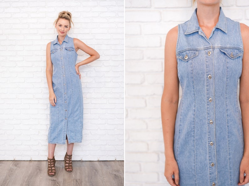 Vintage 90s Blue Jean Midi Dress Denim Shirtdress Sleeveless Shirt Dress Medium
