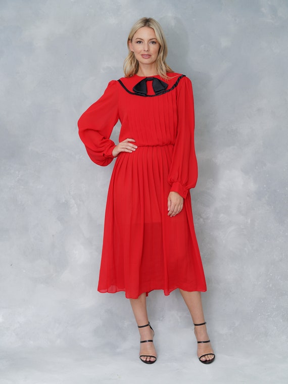Vintage 80s Red Retro Dress Secretary Puff Sleeve… - image 3