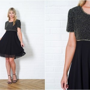 Vintage 80s Black Beaded Party Dress Silk Flowy Sheer Tiered Skirt Medium M