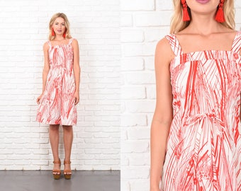 Vintage 70s Red + White Mod Dress A Line Floral Print Sleeveless XXS 10392