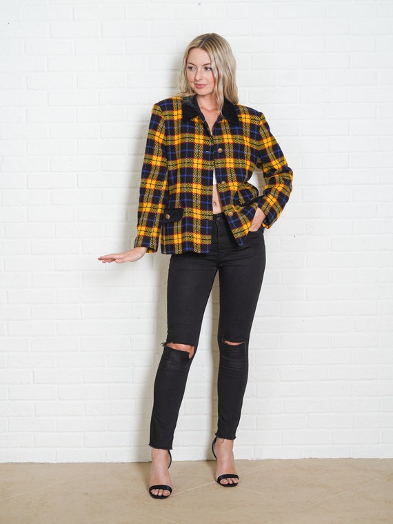 Vintage 80s 90s Yellow Plaid Blazer Jacket Black … - image 4