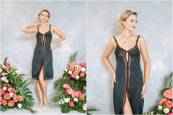 Buy Vintage 60s 70s Black Lace Sheer Neglige Nightgown Bridal 
