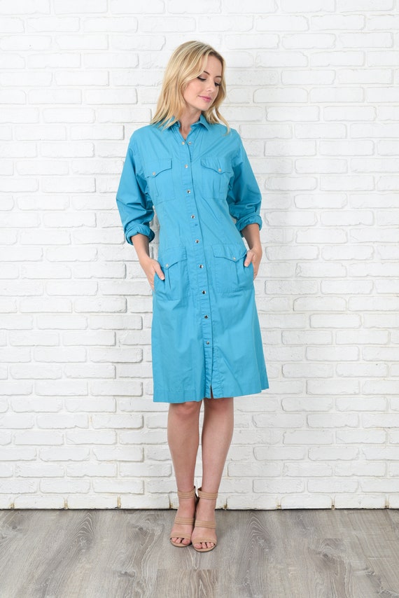 Vintage 80s Teal Blue Dress Shirt Dress Western S… - image 2