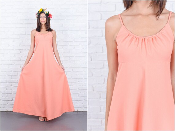 Maxi Dress - Vintage 70s Peach Orange - A Line -S… - image 2