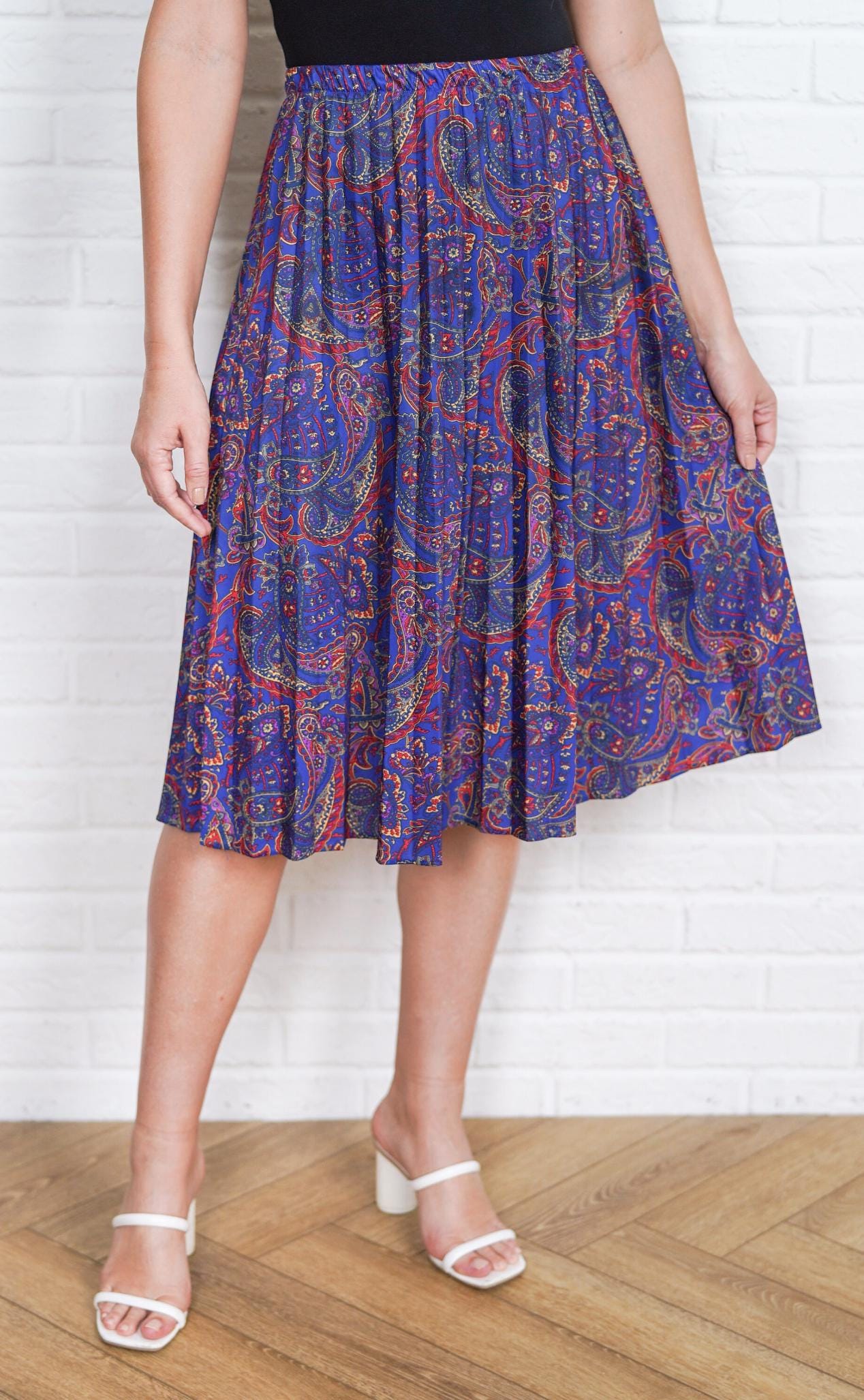 80s Paisley Print Skirt Vintage 80s Full Blue Red Pleated