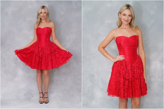 Vintage 80s Red Lace Dress Cocktail Party Dress Ti