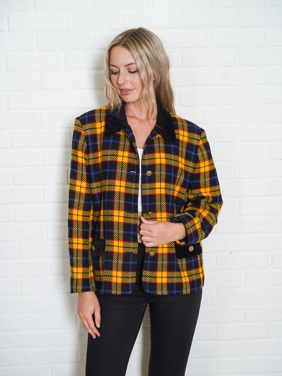 Vintage 80s 90s Yellow Plaid Blazer Jacket Black … - image 7