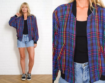 90s Plaid Jacket Vintage Striped Blue Red Pink Oversize Windbreaker Streetwear Padded Shoulder S M L