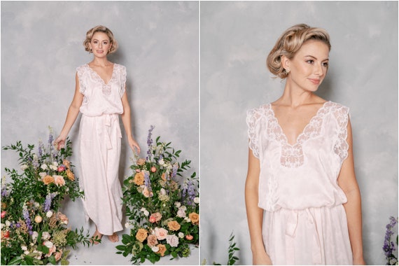 Vintage 80s Pink Satin Lace Nightgown Boudoir Slip