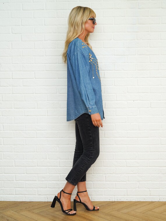 90s Denim Studded Top Vintage Gold Stud Oversize … - image 7