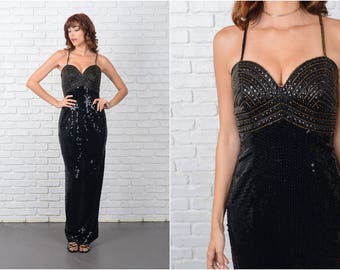 Vintage 80s Sequin Maxi Dress Beaded Gold Sweetheart Cocktail Party Small S 9475