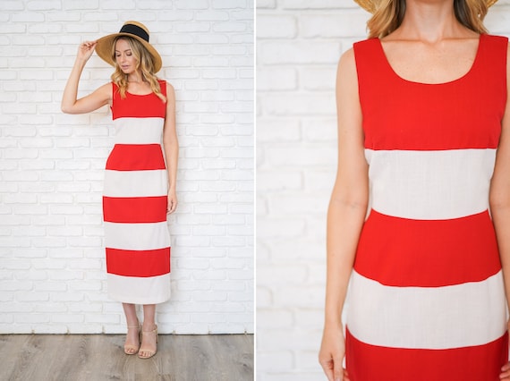 Vintage 90s Red + White Bold Striped Dress Maxi Mi