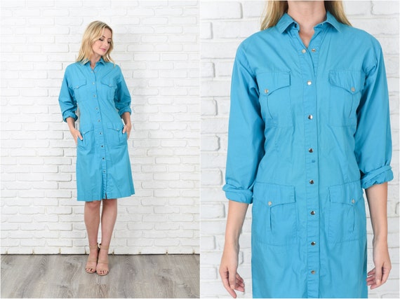 Vintage 80s Teal Blue Dress Shirt Dress Western S… - image 1