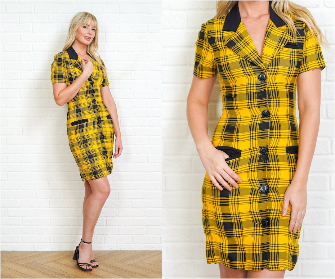 ワンピース Uhr Checkered Tiered Dress yellow&black Fitted Square Strap Dress - Yellow Plaid – purrrshop