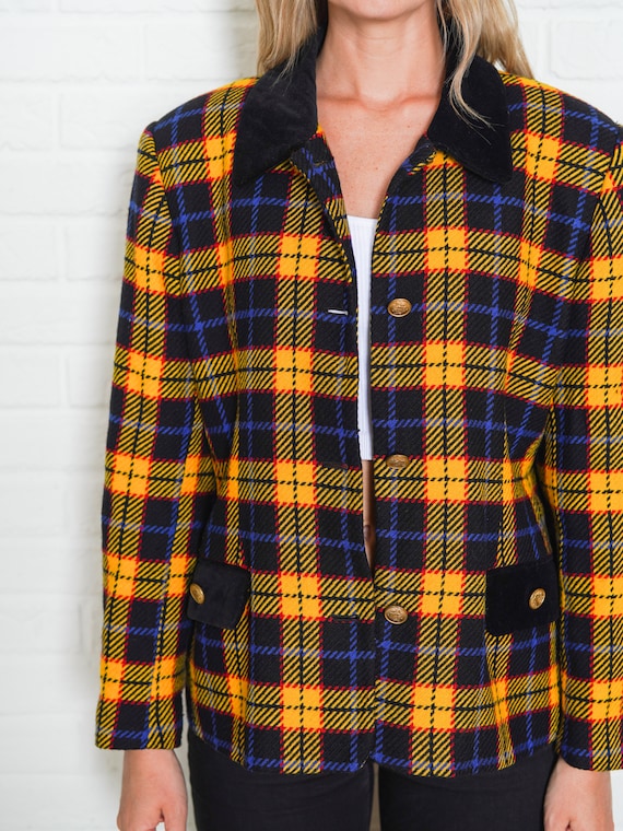 Vintage 80s 90s Yellow Plaid Blazer Jacket Black … - image 8