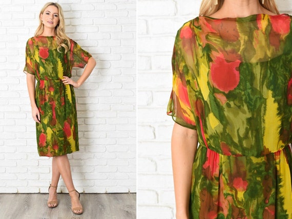 Vintage 60s Silk Draped Dress Dolman Sleeve Cockt… - image 1