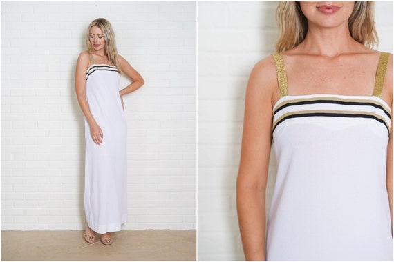 Vintage 70s White Maxi Dress Mod Striped Gold Met… - image 1