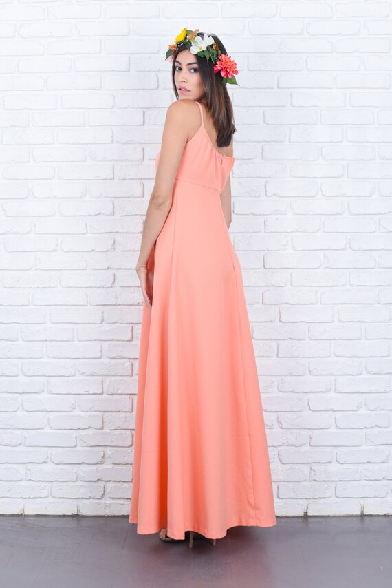 Maxi Dress - Vintage 70s Peach Orange - A Line -S… - image 5