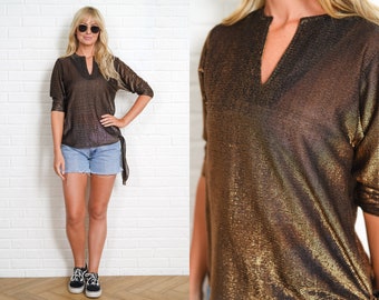 80s Gold Metallic Top Vintage Blouse Shirt Half Sleeve Medium Glam