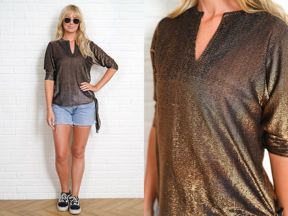 80s Gold Metallic Top Vintage Blouse Shirt Half S… - image 1