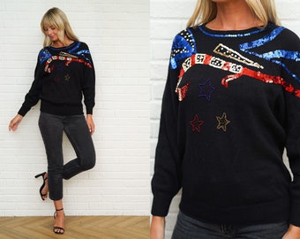 90s Black Knit Sweater Top Sequin Vintage Americana Stars Beaded Small Medium Oversize