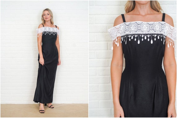 Vintage 80s Black Maxi Dress Fringe Lace Small Of… - image 1