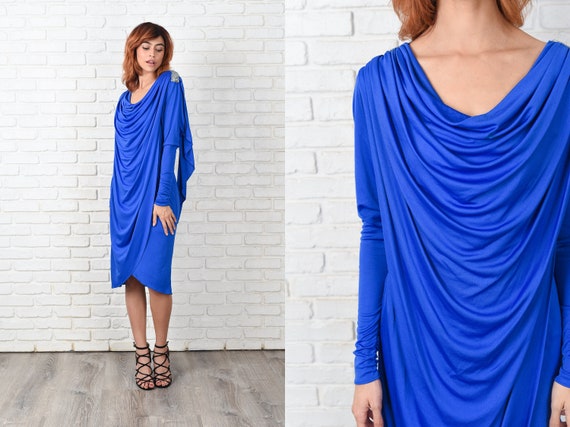 Vintage 80s Blue Cowl Draped Dress Slouchy Wrap C… - image 1